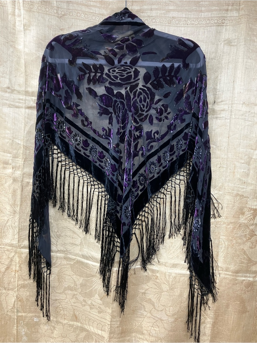 Black & Purple Burn-out Velvet Floral Fringe Shawl - Picture 2 of 4